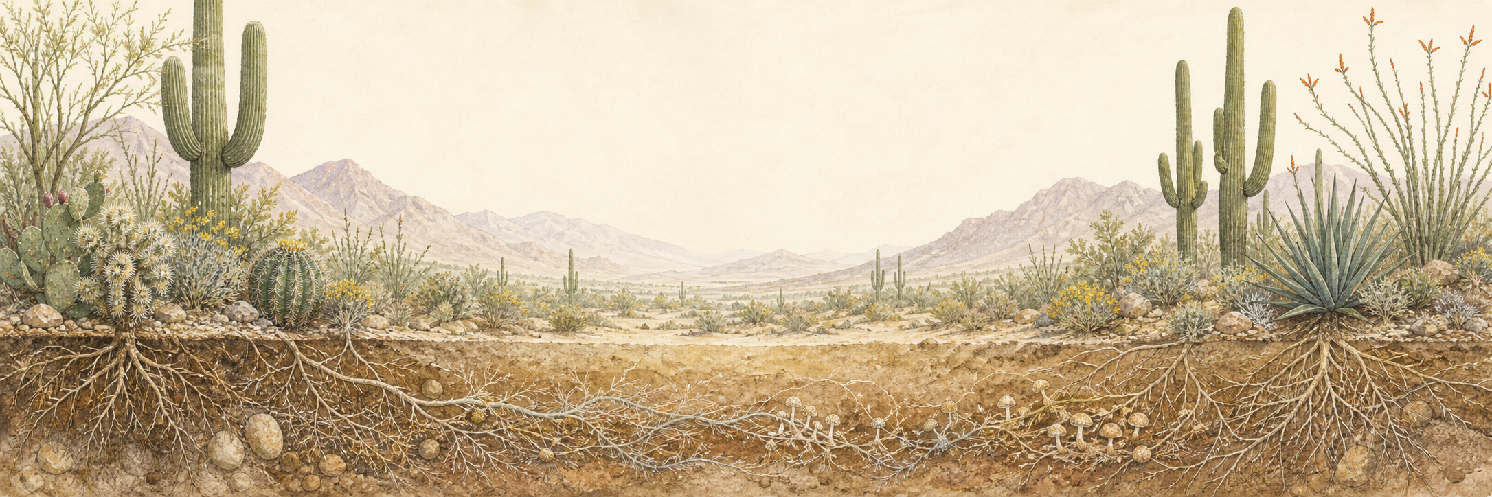 Scientific illustration of saguaros, Sonoran Desert mountains, soil layers, roots, and fungal networks