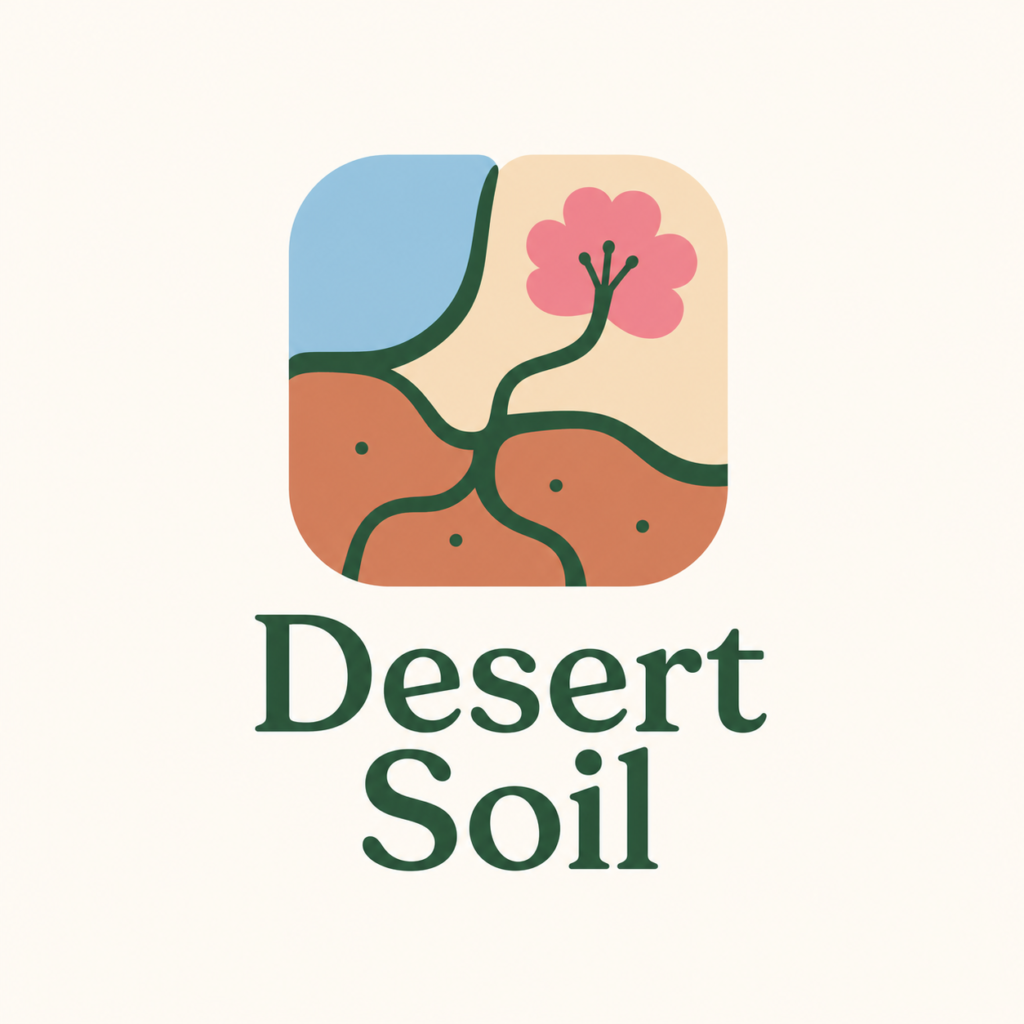 Desert Soil logo with a pink flower growing above green roots in illustrated soil.