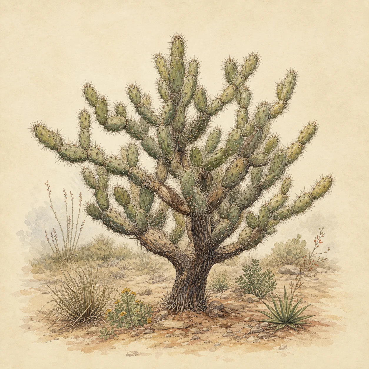 Mature branching cholla cactus surrounded by native Sonoran Desert plants.