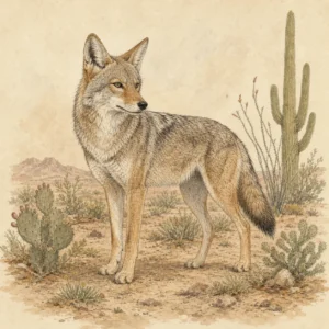 Coyote standing among saguaros and prickly pear in the Sonoran Desert.