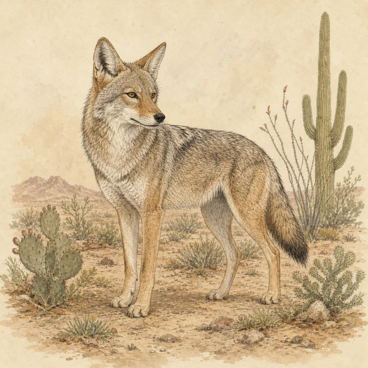 Coyote standing among saguaros and prickly pear in the Sonoran Desert.