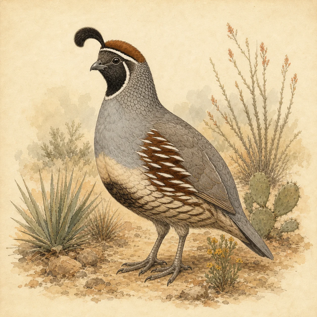 Male Gambel’s quail standing among agave and prickly pear.