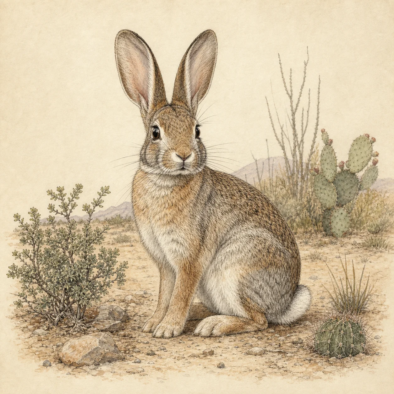 Vintage illustration of a desert cottontail sitting among shrubs and cacti in the Sonoran Desert.