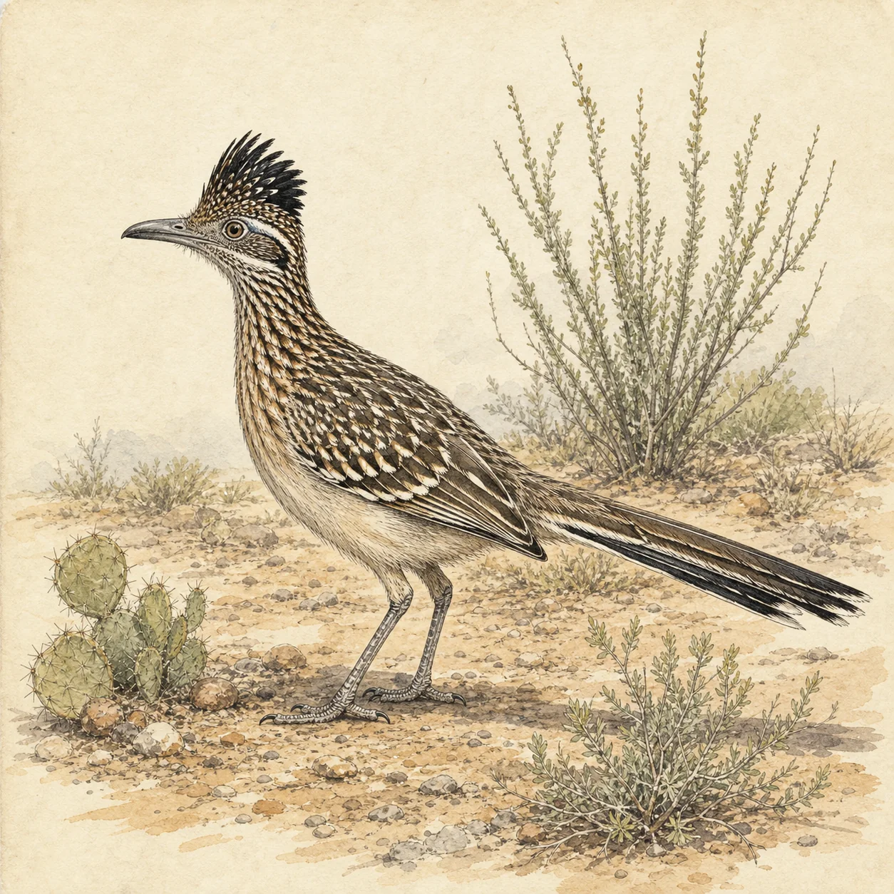 Greater roadrunner standing among cacti and desert shrubs near Tucson.