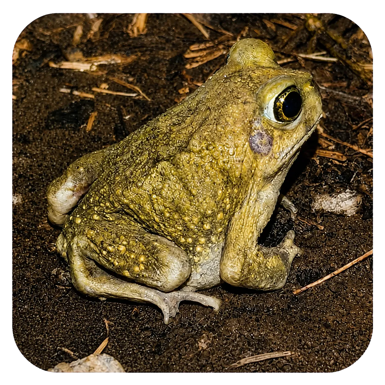 Unidentified green amphibian sitting on wet soil in a Tucson backyard during monsoon season.